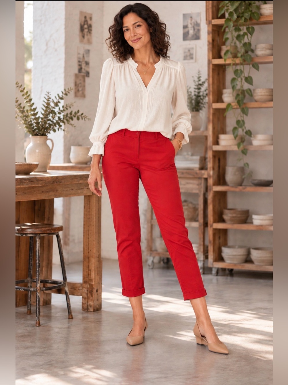LOFT Red Cropped Slim Straight Jeans